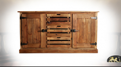 Buffet en bois de pin recyclé, style rustique industriel, 2 portes et 3 tiroirs centraux, poignées frigo ancien, 160cm