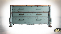 Commode à 3 tiroirs en bois d'orme massif finition gris fumé bleu effet vieilli, style maison de campagne, 138cm