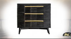 Commode 3 tiroirs en bois de manguier massif, effet plissé avec plateau en marbre noir profond, 100cm