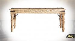 Table de salle à manger en bois de manguier entièrement sculpté, forme rectangulaire, ambiance rustico chic, 180cm