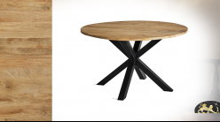 Table moderne en bois de manguier massif et pied croisé en acier noir, Ø130cm