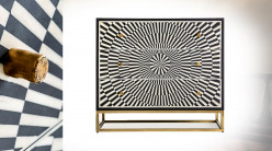 Commode contemporaine à 3 tiroirs en bois et métal avec plaquage psychédélique nacré, 90cm
