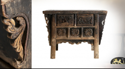 Buffet indien à 2 tiroirs en bois d'orme artisanalement sculpté finition vieilli, 107cm