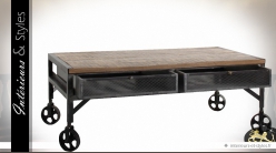 Table basse industrielle sur roulettes en bois et métal à 2 tiroirs