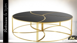 Grande table basse ronde design en métal doré et verre noir