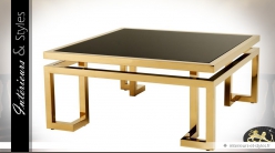 Table basse design carrée métal brillant doré plateau en verre noir