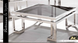 Table basse design carrée métal argenté plateau en verre fumé