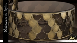 Table basse circulaire Koï en métal cuivré et verre teinté fauve Ø 110 cm