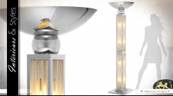 Lampadaire colonne design Art Déco métal argent et verre dépoli 192,5 cm