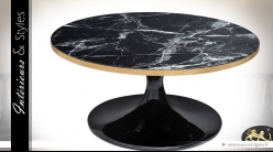 Table basse ronde noir et or avec plateau effet marmoréen Ø 90 cm
