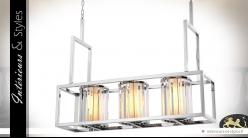 Suspension design lampe de billard à 3 lanternes finition argent poli 120 cm