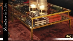 Table basse carrée design doré vitrine et plateau coulissant 100 x 100 cm