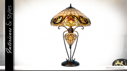 Lampe Tiffany Ø46 cm / 76 cm, modèle Poison Mortel à trois feux et aux fleurs d'hibiscus de verre