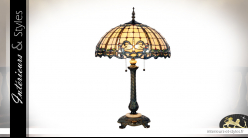 Grande lampe Tiffany de Ø50cm / 80cm, pied en métal finition vieux bronze et libellules dorées