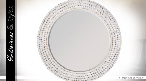 Grand miroir blanc rond en cordage et coquillages Ø 85 cm
